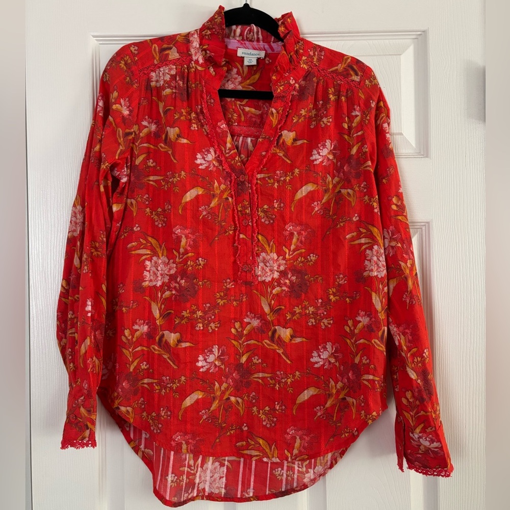 Sundance | High Neck Ruffle‎ Vibrant Floral Contrast Trim Top Long Sleeve Sz XS